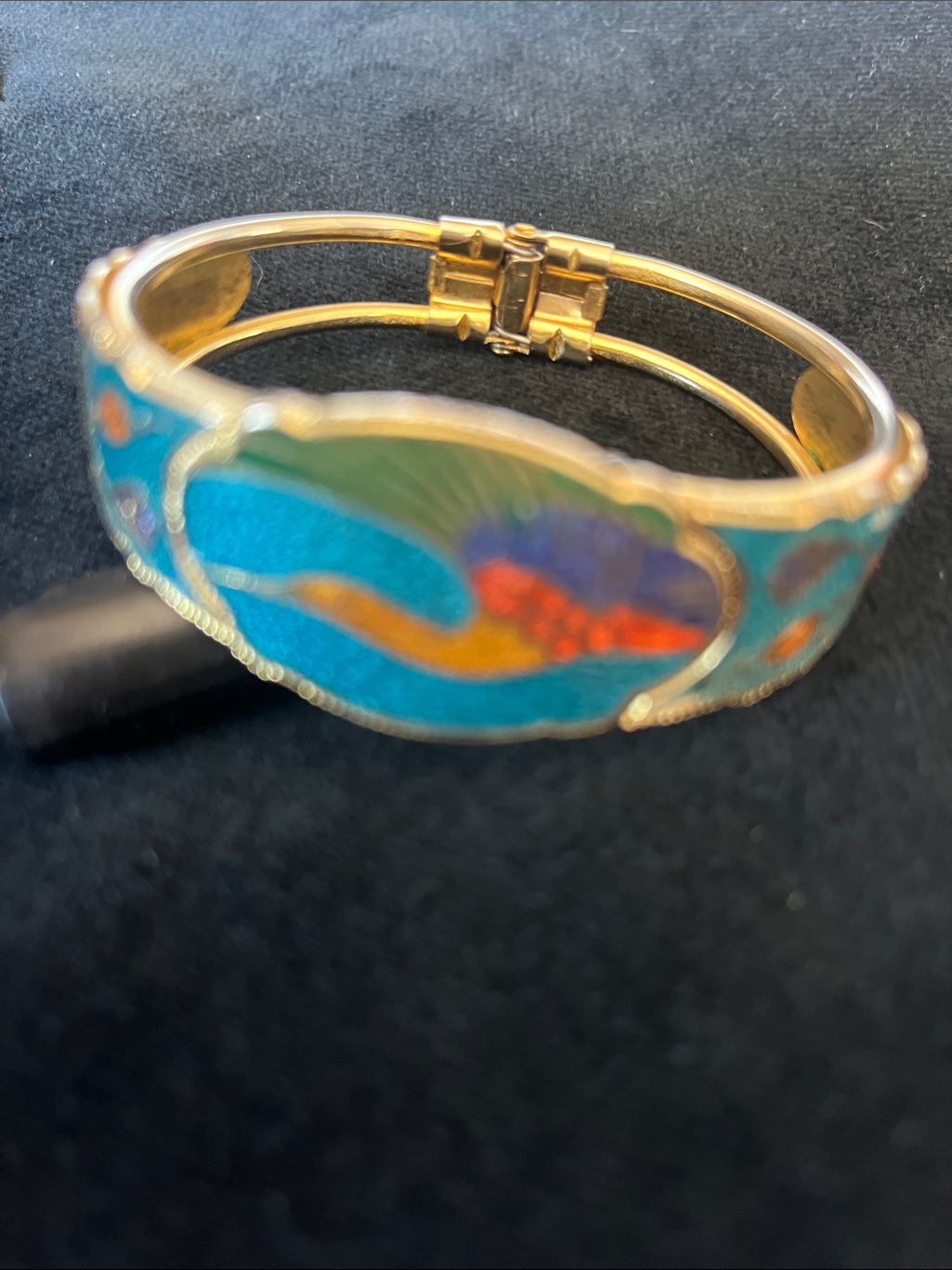 Gold-Tone Teal Parrot Enamel Cloisonn Hinged Bangle Bracelet - Vintage